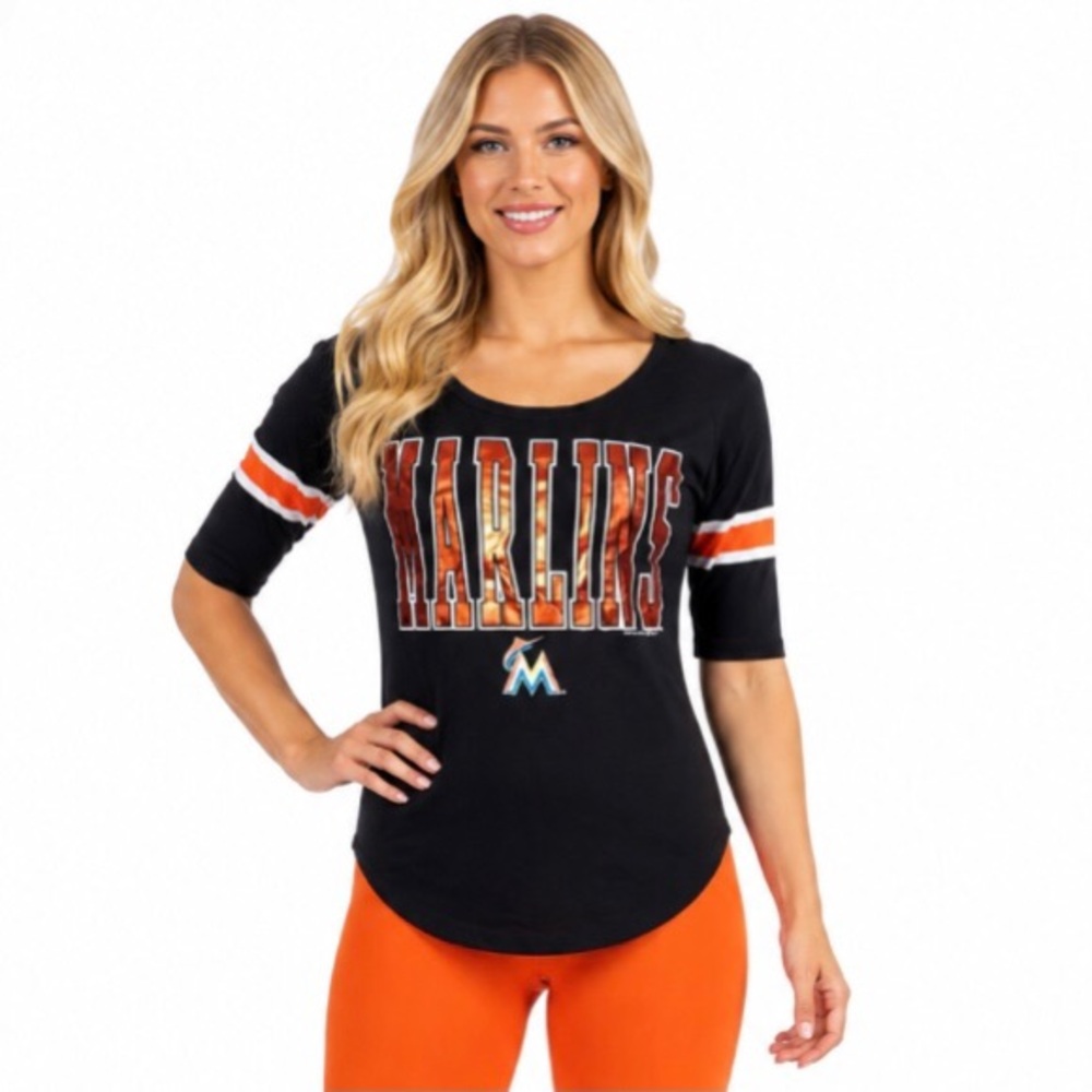 Miami Marlins Womens T Shirt Size Small Black Jersey Style Reflective Logo New